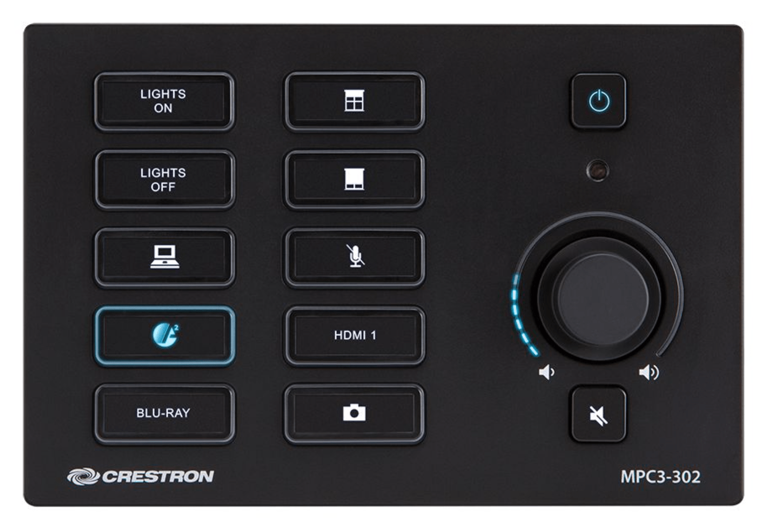 Crestron styrsystem för styrning av bild, ljud och ljus.