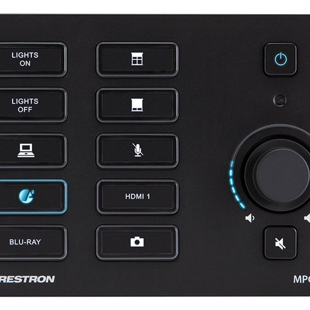 Crestron styrsystem för styrning av bild, ljud och ljus.